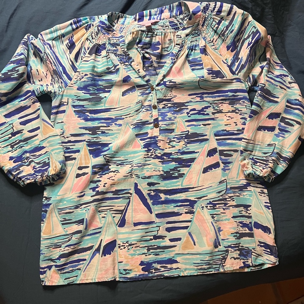 Lilly Pulitzer Blue and Pink Sailboat Blouse EUC - Women’s Small 100% Silk